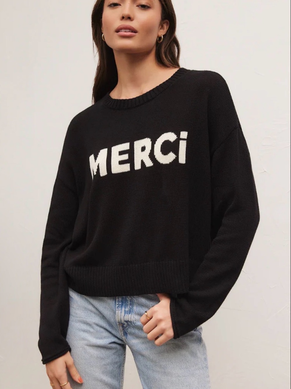 Z Supply Black Sweater with Cream MERCI Graphic Crewneck Size Small